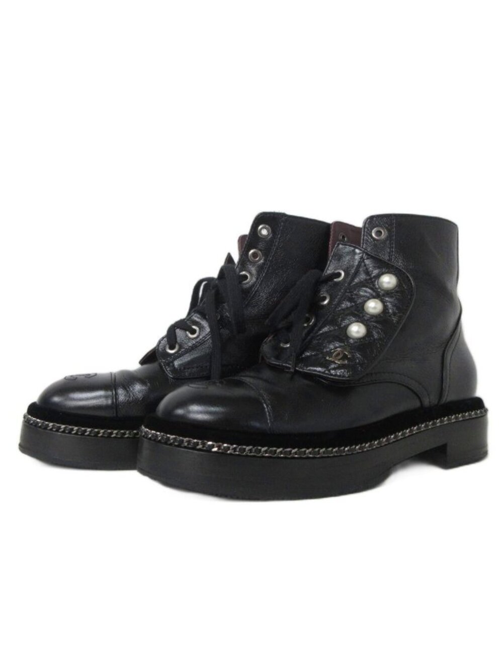 Chanel Short Boots Quilted Leather Faux Pearl Chain Black
